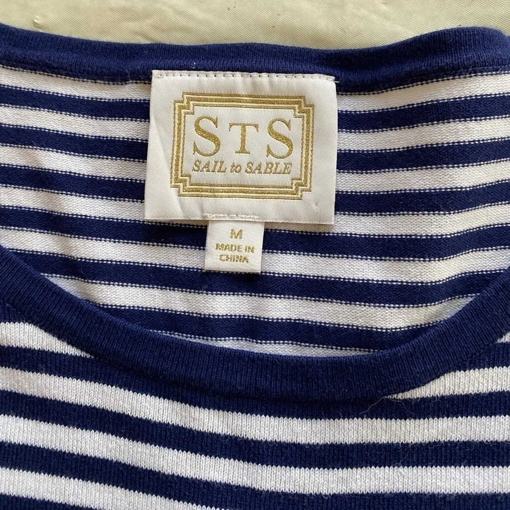 Sail To Sable Dress Stripe Bell Sleeve Knit Preppy Summer Navy White Size Medium